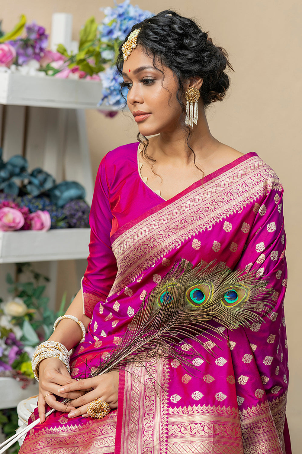Buy Women's Pure Katan Banarasi Silk Saree Floral Heavy Jaal Work With  Traditional Design-Yellow Pink Rani at Amazon.in