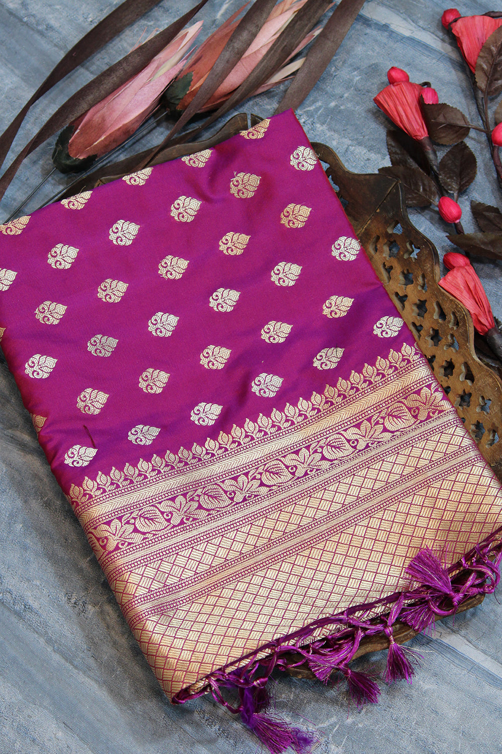 Handloom Banarasi Katan Silk Purple Brocade Stripes Saree – Khinkhwab