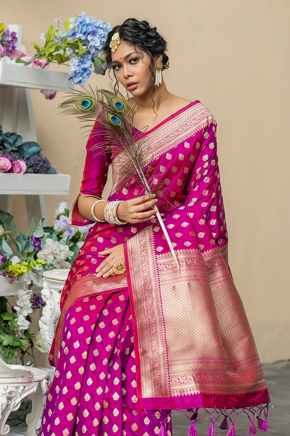 Buy Cerise Pink Designer Banarasi Saree online-Karagiri