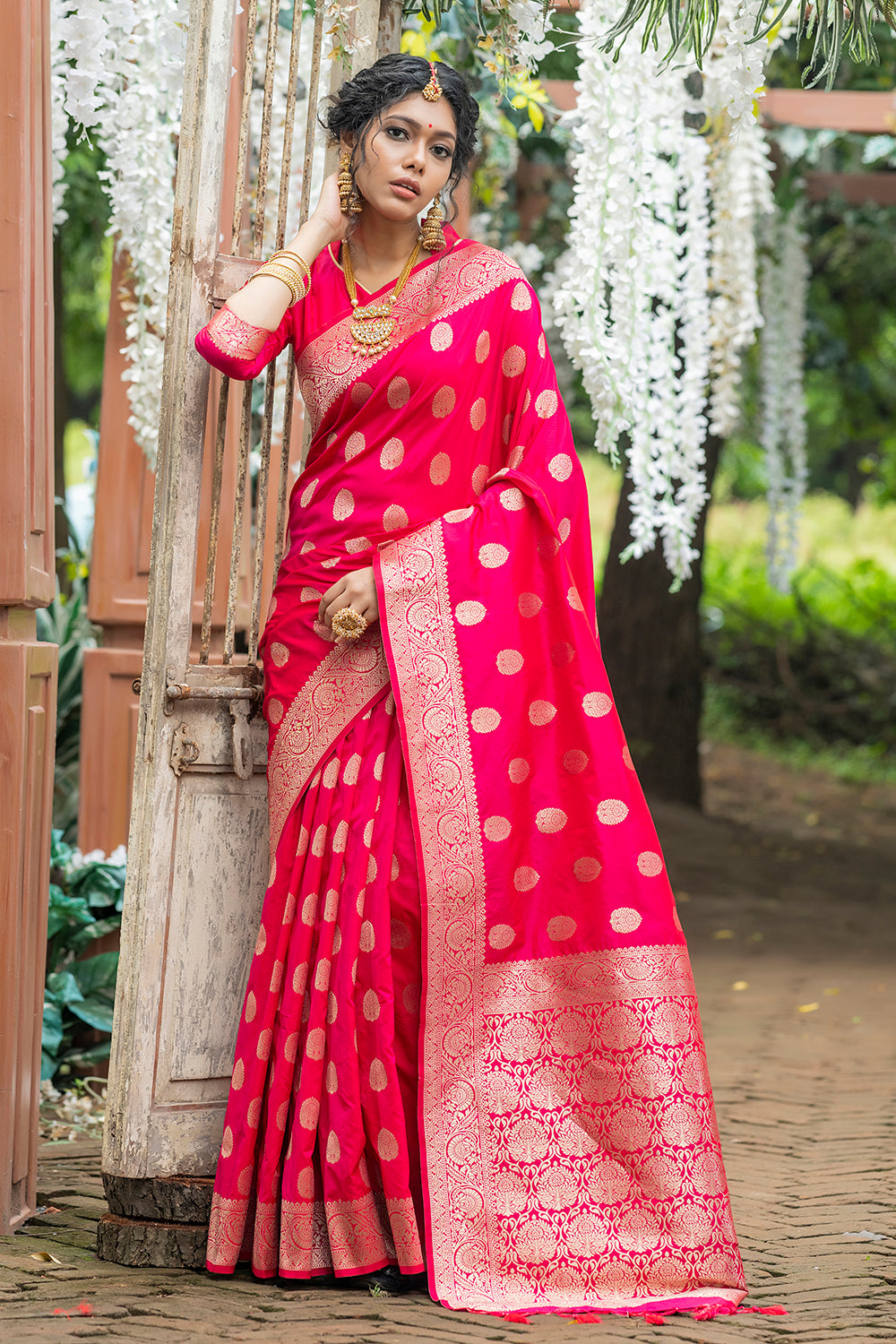 Banarasi Katan Silk Saree with Meenakari border | Pink | Handwoven | S –  ShopNayaStore