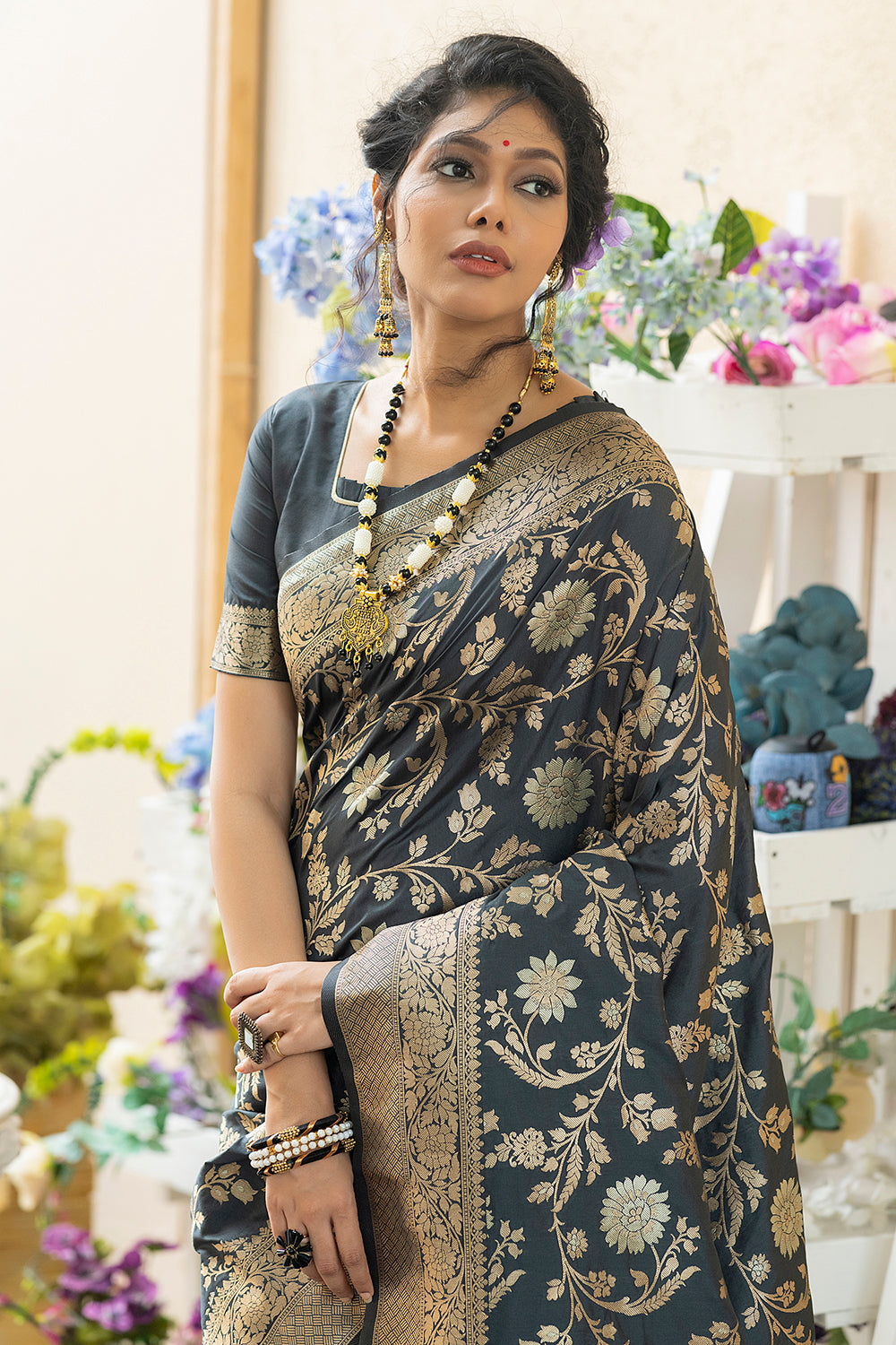 Black Banarasi Silk Woven SareeDefault Title