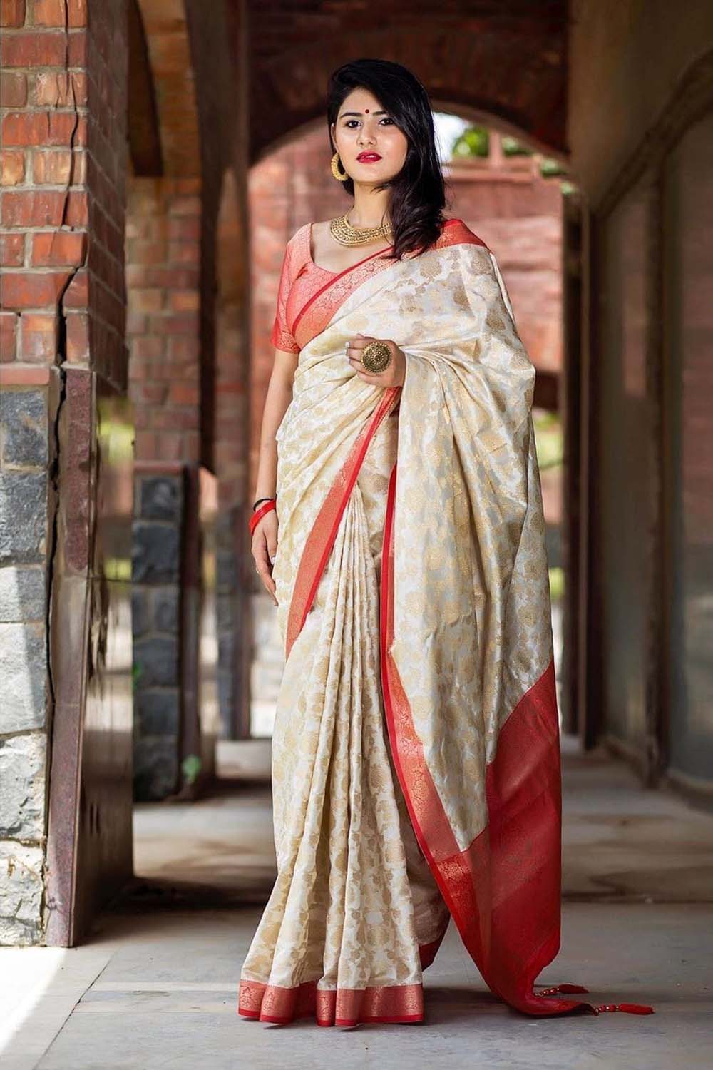 White & Red Woven Kanjivaram Silk Saree - Urban Womania