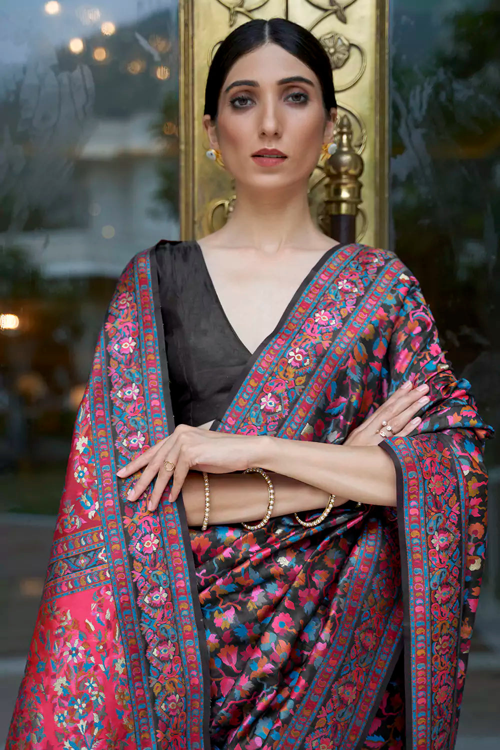 JJ's Crafted Elegance Kashmiri Pashmina Saree with Cotton Silk Base &  Paisley Border - Jinal & Jinal - 4080321
