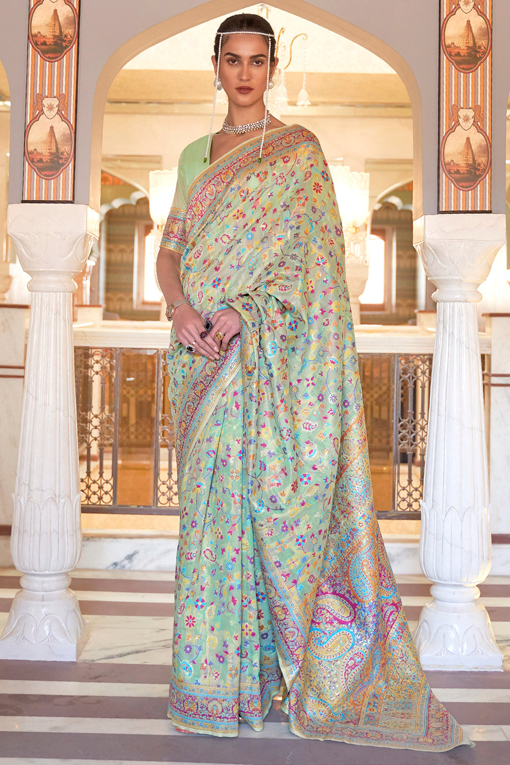 Buy Silk Fabric Mint Green Color Saree with Jacquard Woven Work Online -  SREV2568 | Appelle Fashion