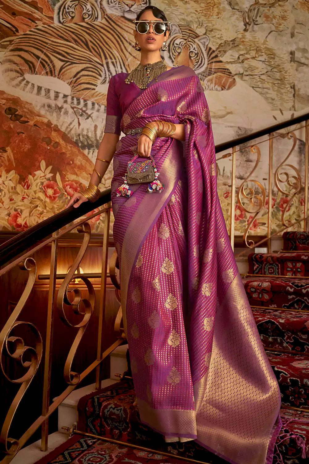 Grape Violet Colour Colour Full Thread Work Embroidered And Gold Zari Horse  Double Border Pure Handloom