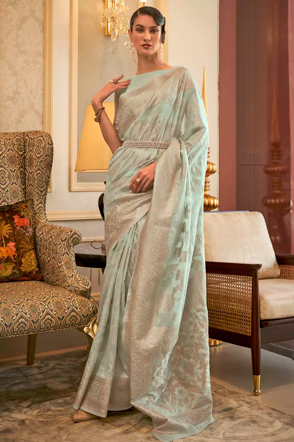 Mint Green Kashmiri Modal Handloom Weaving Saree