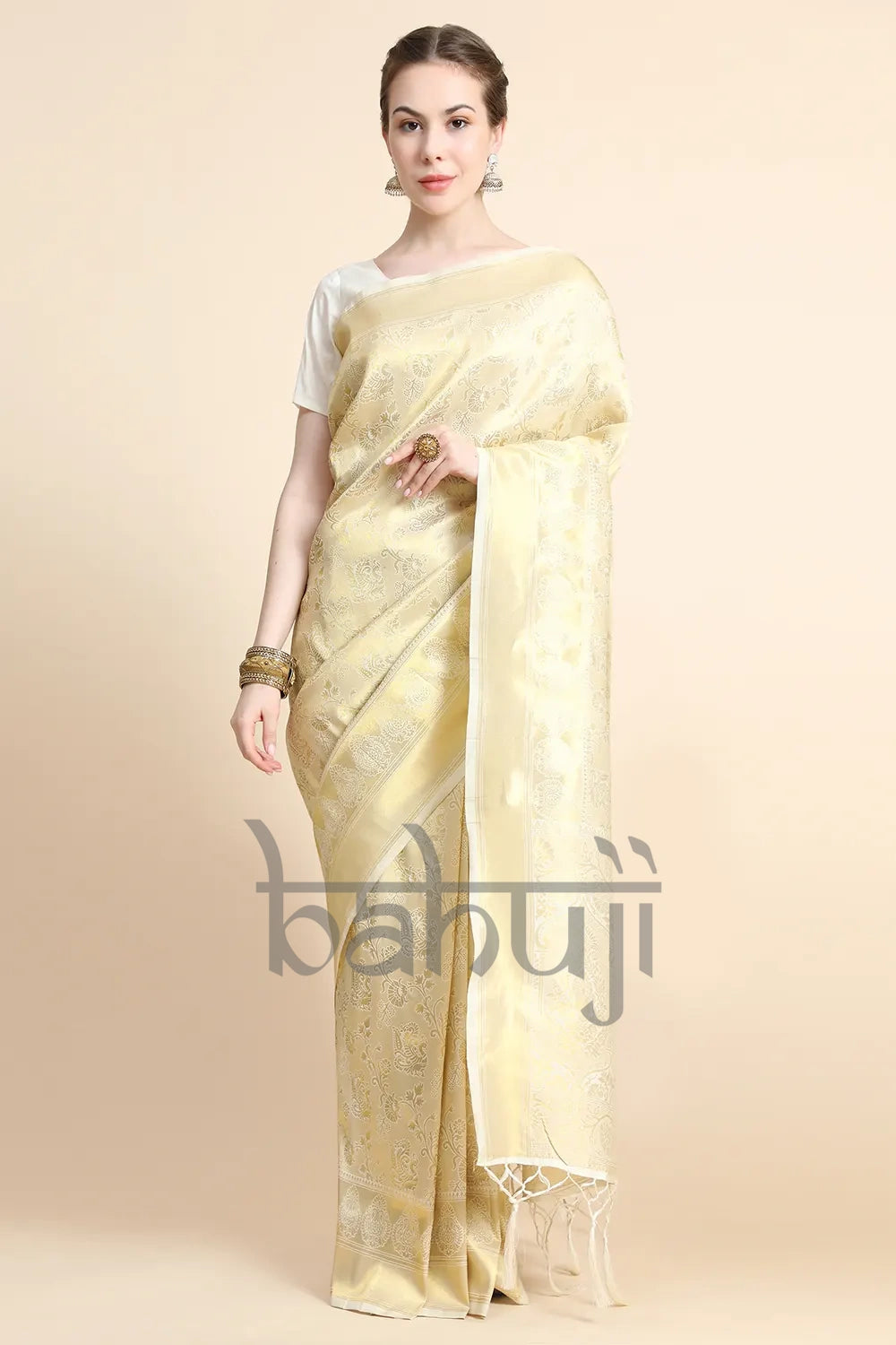 Cream Gold Zari Woven Kanjivaram Saree With Blouse – Bahuji - Premium Silk  Sarees Online Shopping Store