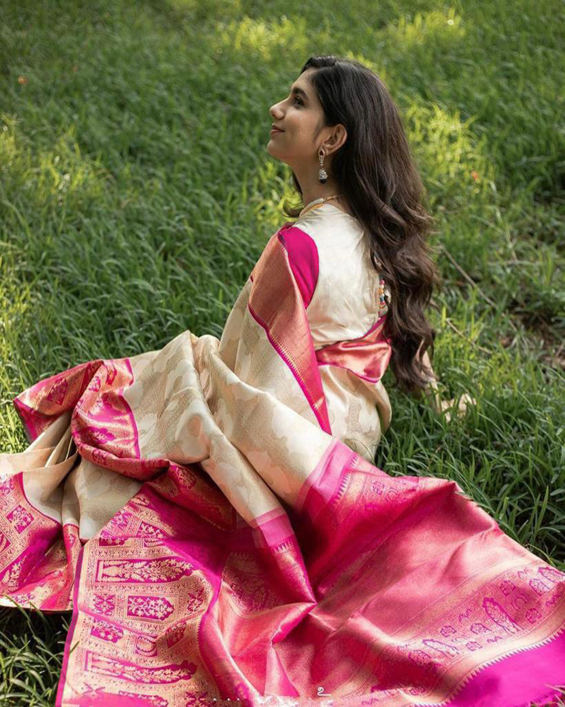 SILVER WHITE SAREE WITH CONTRAST PINK BORDER – Toshaany.com