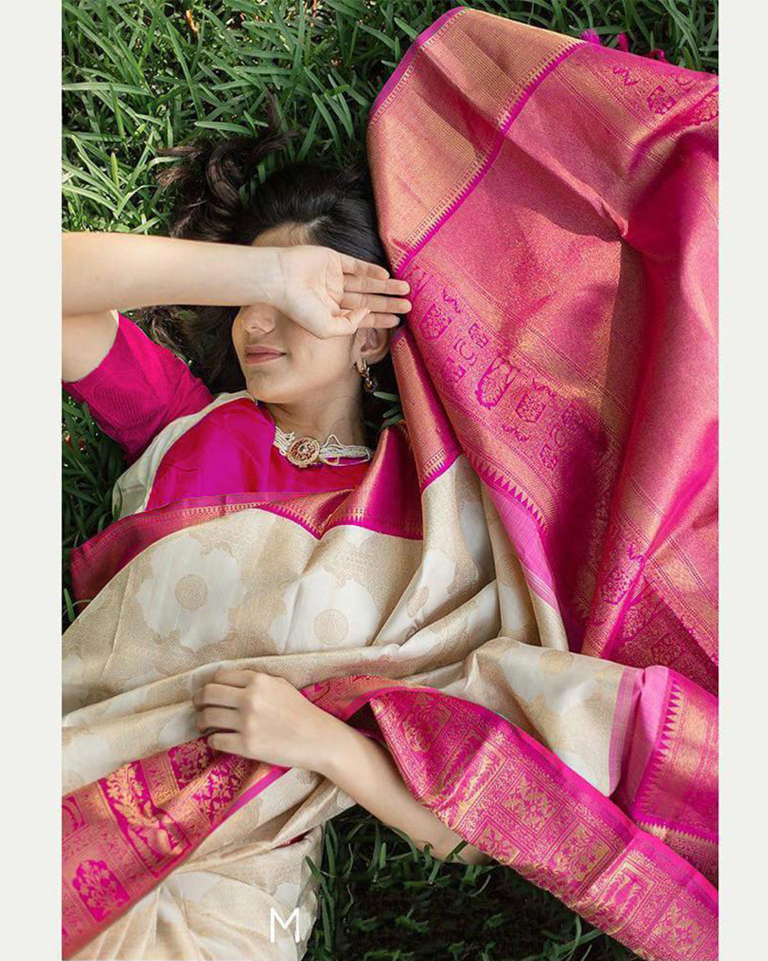 Closet mix Off-white and Pink Zari Border Saree With Blouse - Bahuji - Premium Silk Sarees Online Shopping Store