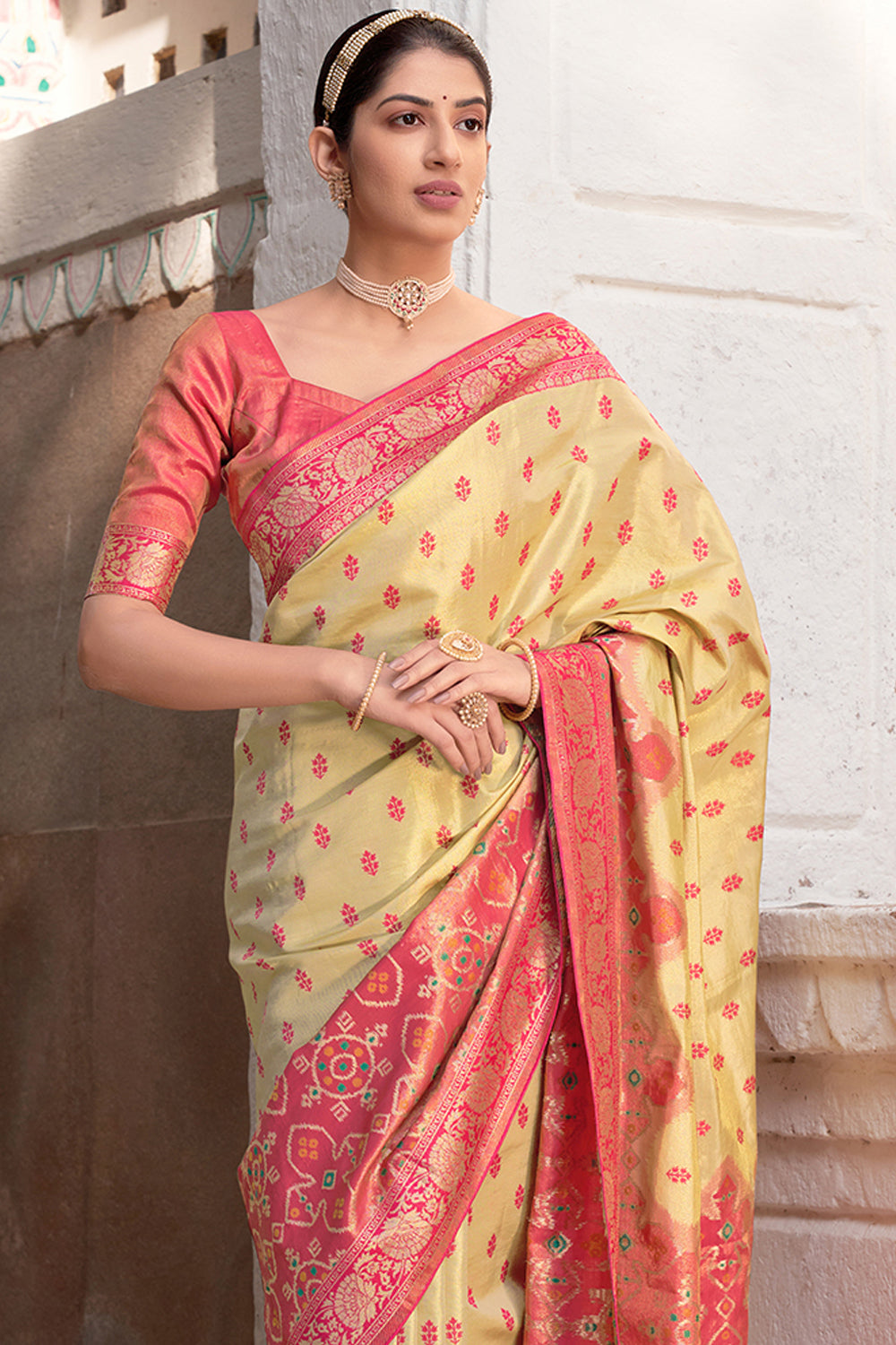 Cream and Pink Silk Mehndi Saree