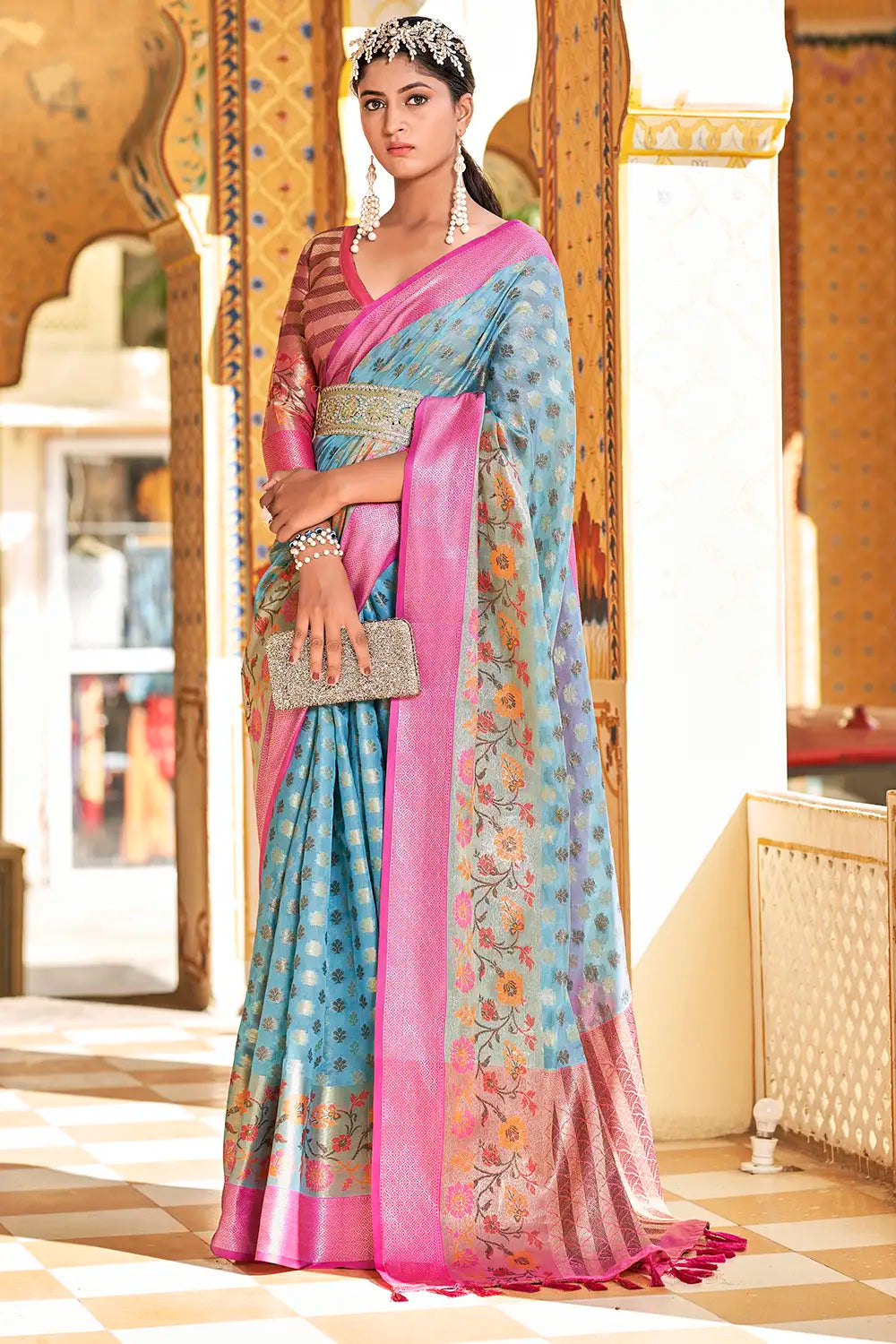 Buy Sky Blue Banarasi Chiffon Sarees Online Worldwide Shipping – My  Clothing Treasure