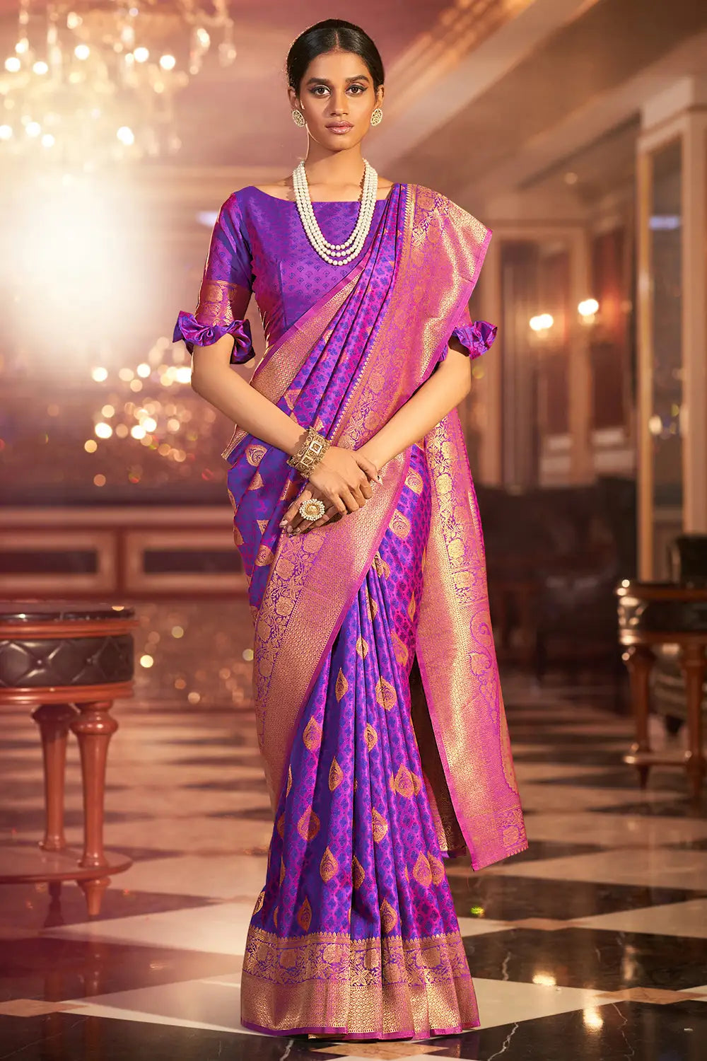 Pansy Purple Woven Banarasi Silk Saree With Green Blouse For Wedding By  Kolour