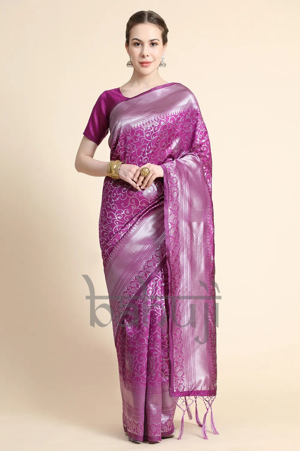 Purple soft silk saree with small silver zari motifs on all over and silver  zari border, Light pink si… | Purple saree, Silk saree blouse designs, Pink  saree silk