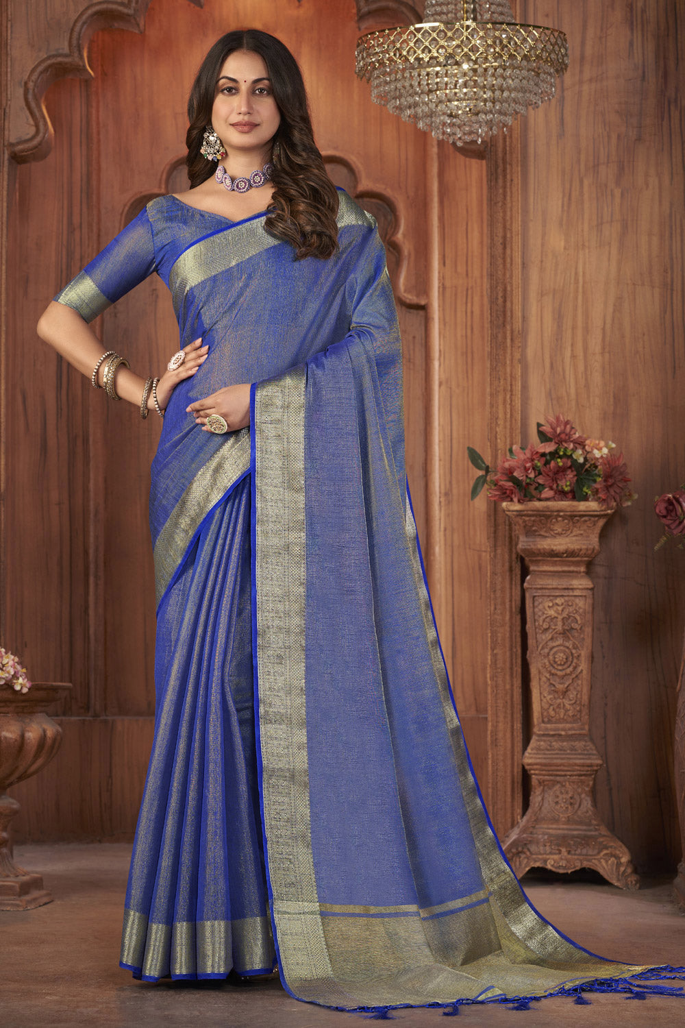 Beautiful Blue Coloured Soft Tissue Linen Saree – Bahuji - Online ...