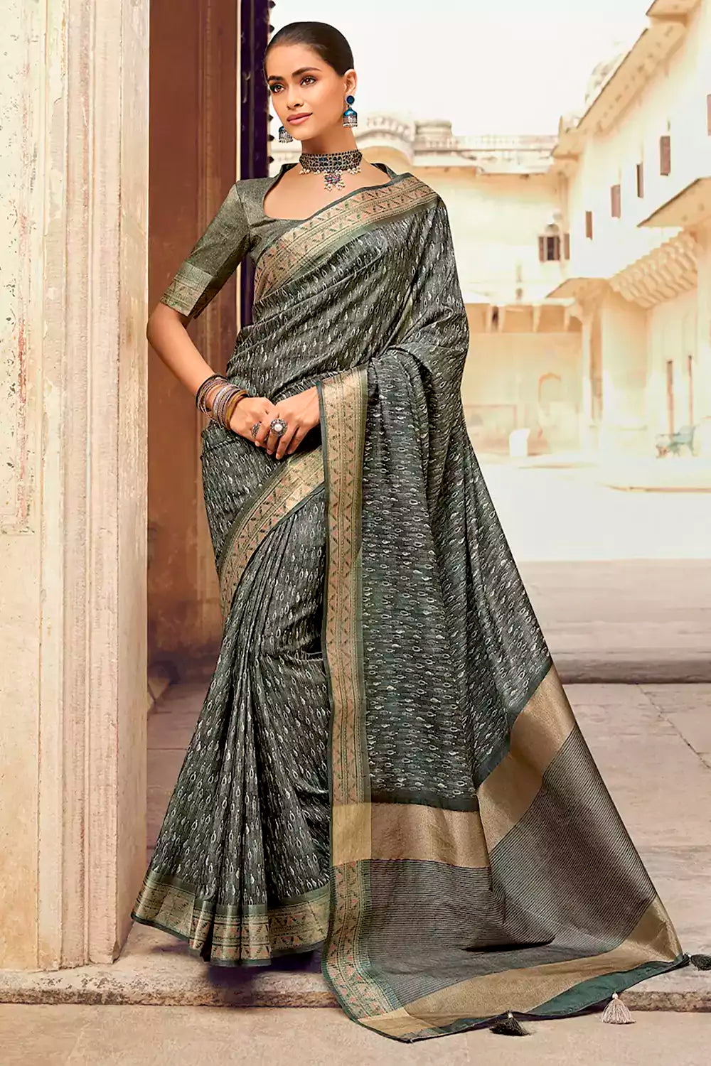 Grey Color Art Silk Fabric Heavy Weaving Work Festive Wear Fancy Saree With  Embroidered Blouse