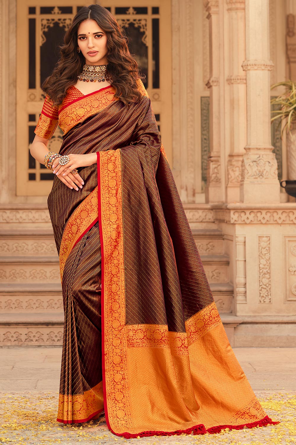 Vishal Prints Coffee Brown Designer Chiffon Saree