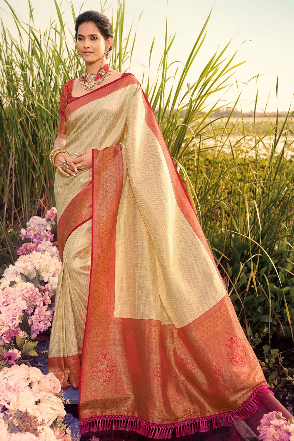 Buy online Cream color Banarasi Silk Linen Saree