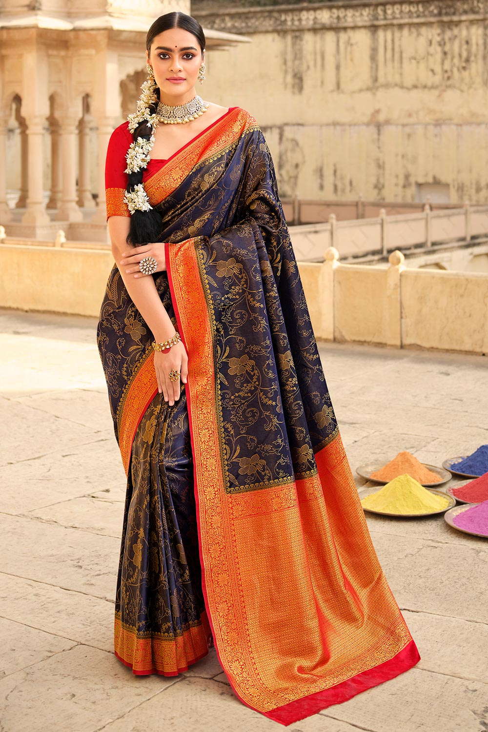 Navy blue saree with red blouse sale