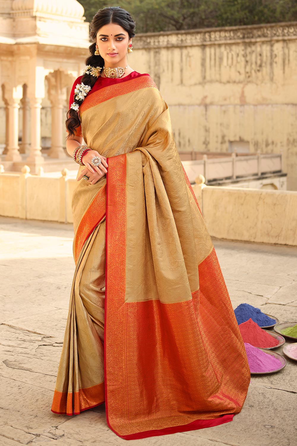 Buy GATISHVAM TEXTILE Self Design Banarasi Art Silk Cream Sarees Online @  Best Price In India | Flipkart.com