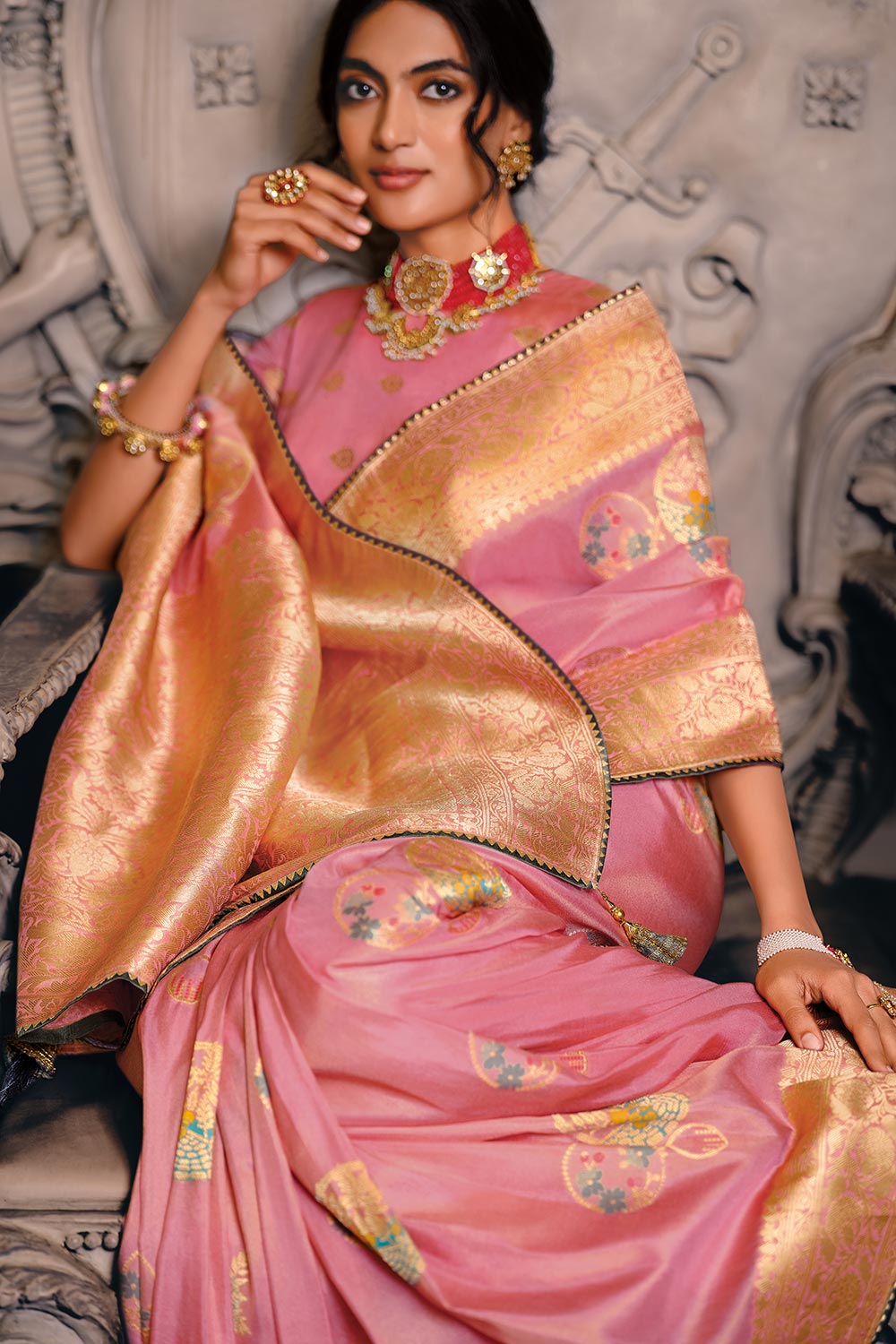 Banarasee Faux Georgette Saree With Silver Zari Jaal Work-Baby Pink &