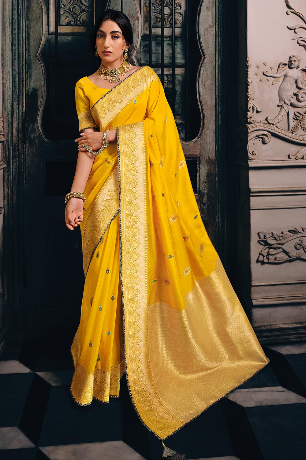 Yellow Woven Pure Silk Tissue Chanderi Saree | Taneira Online Store