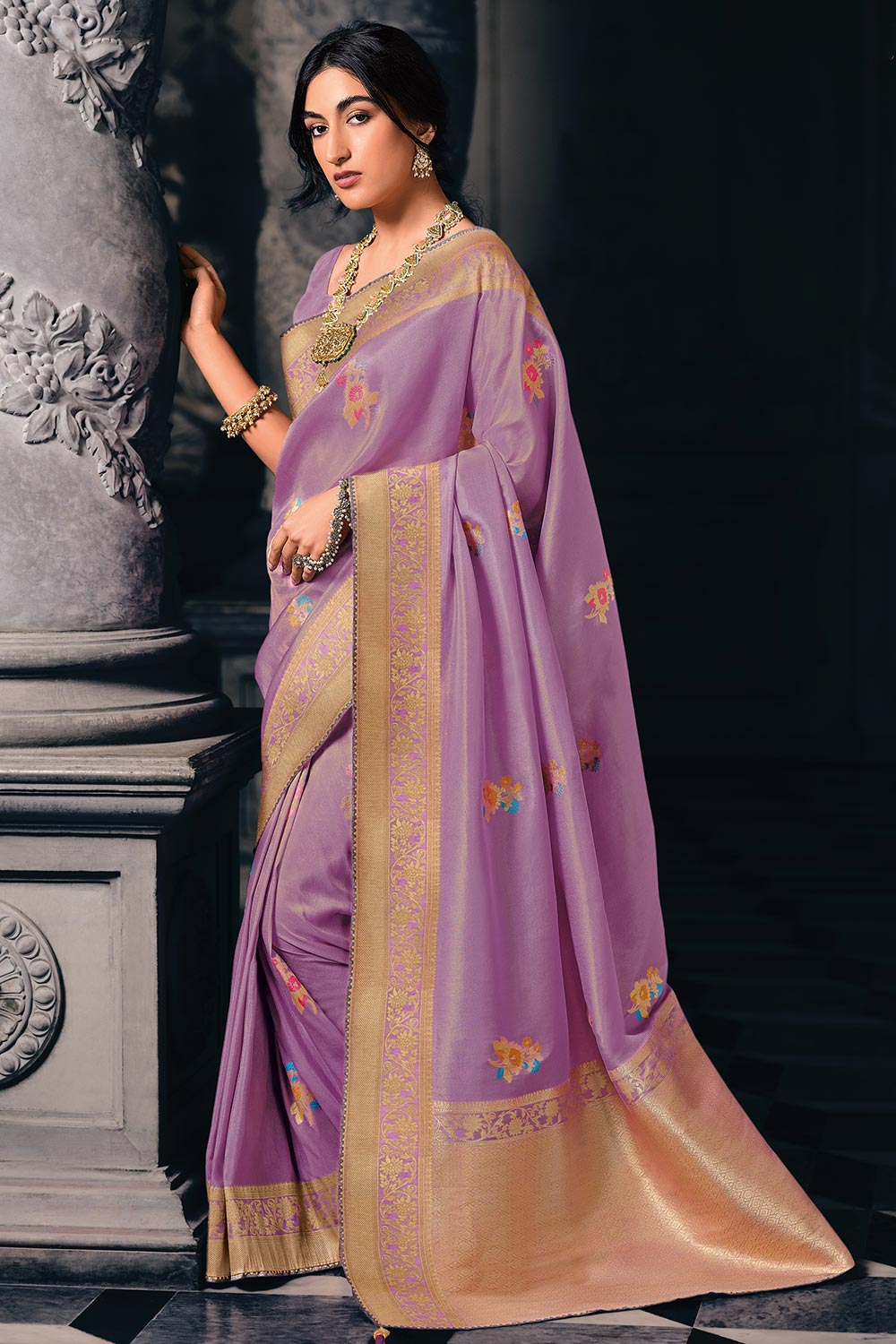 Hand-Painted Lavender Satin Silk Saree with Apple Blossom Flowers - Sequin  and Bead Embroidery – Sanjoni