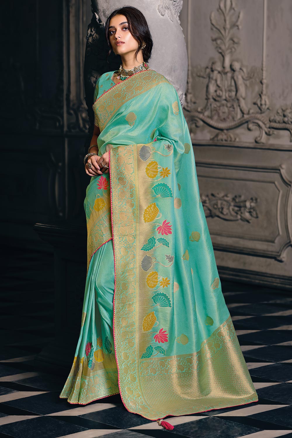 Light Green & Sky Blue Banarasi Silk Saree With Zari Weaving – Bahuji -  Online Fashion & Lifestyle Store