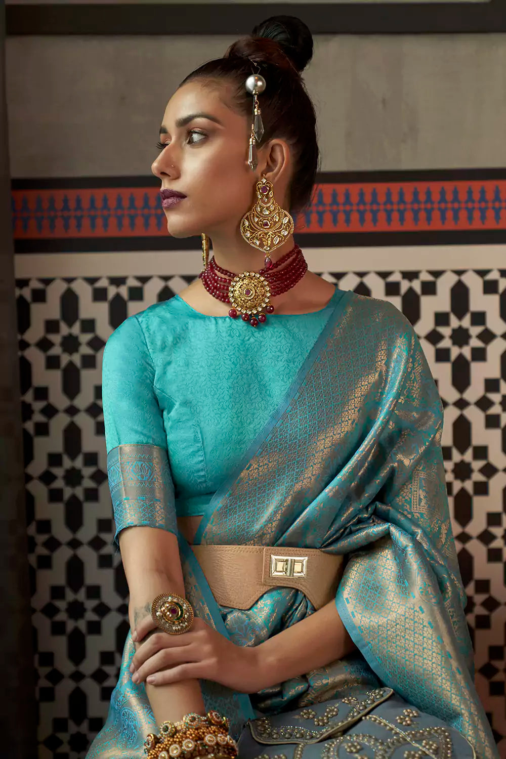 Excellent Light Cyan Color Function Wear Silk Saree