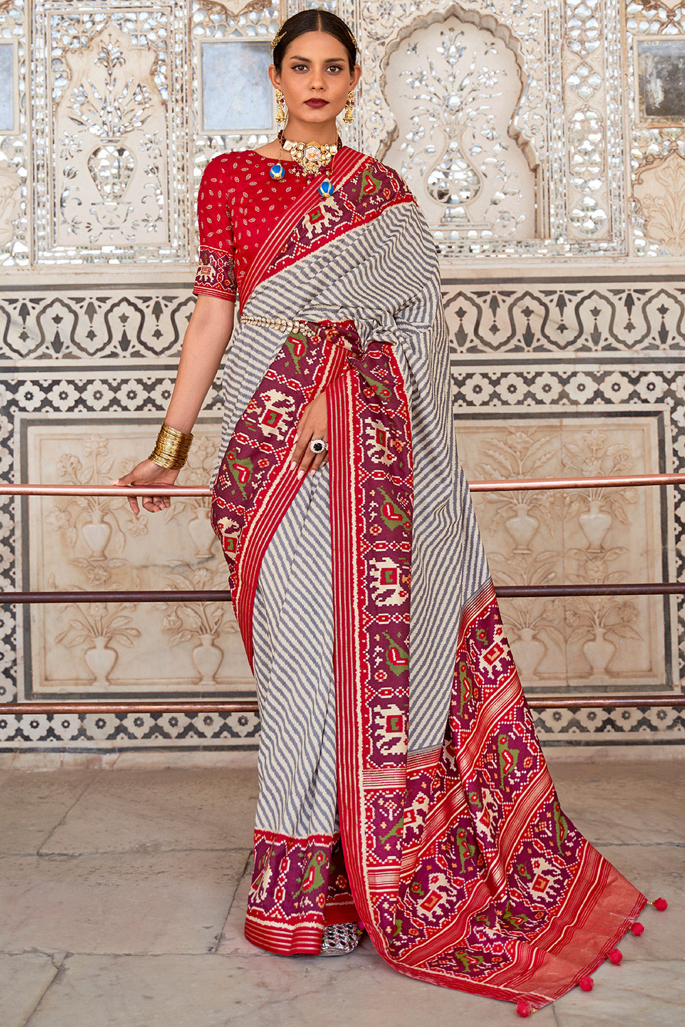 Red Pallu off white with green Patola Saree - New India Fashion