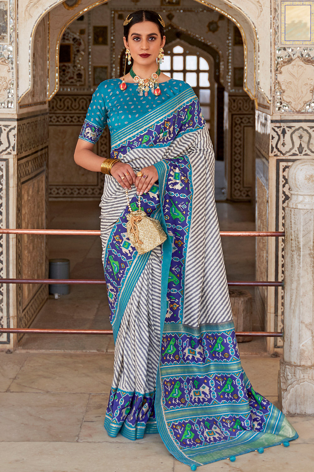 Leheriya - Blue White Mulberry Silk Saree – House Of Vaarasa