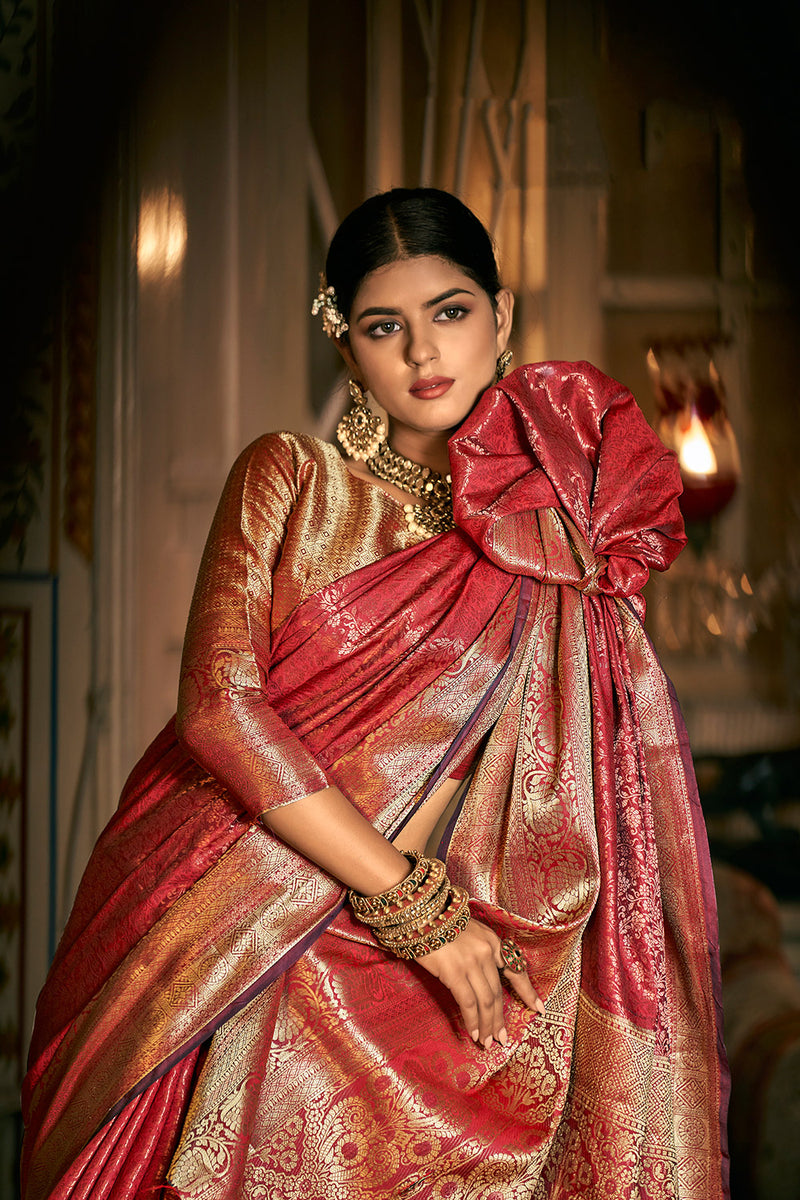 Red Kanchivaram Saree With Copper Zari Weaving – Bahuji - Premium Silk ...