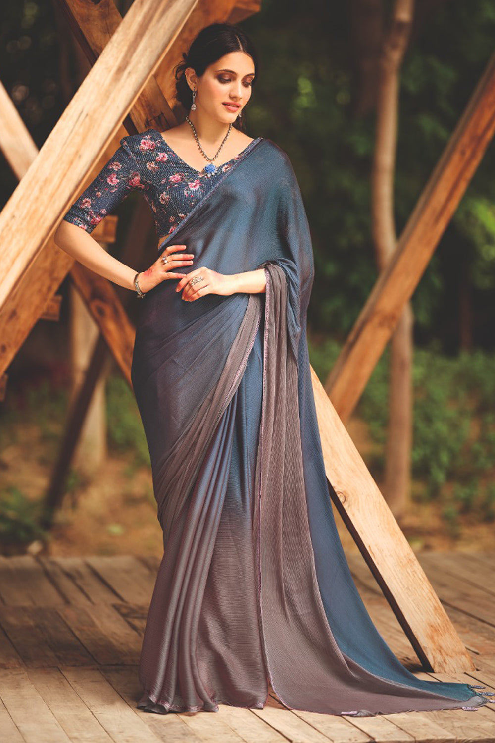 Blue Satin Saree With Blouse 208421