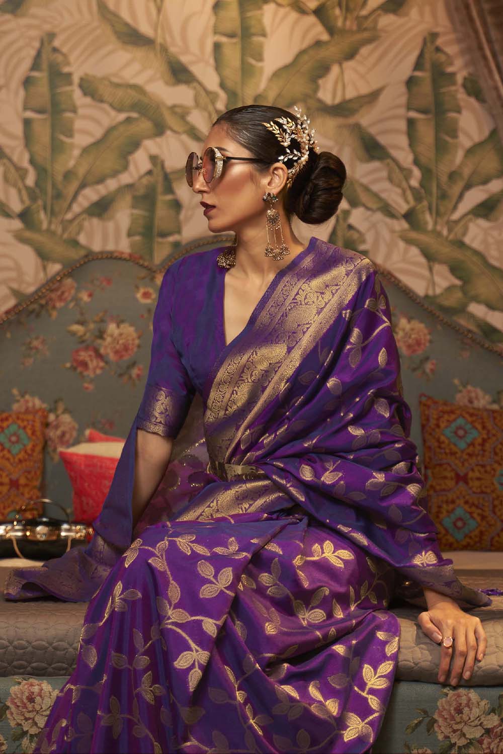 Violet Saree in Silk with Floral Border and Pallu - Clothsvi