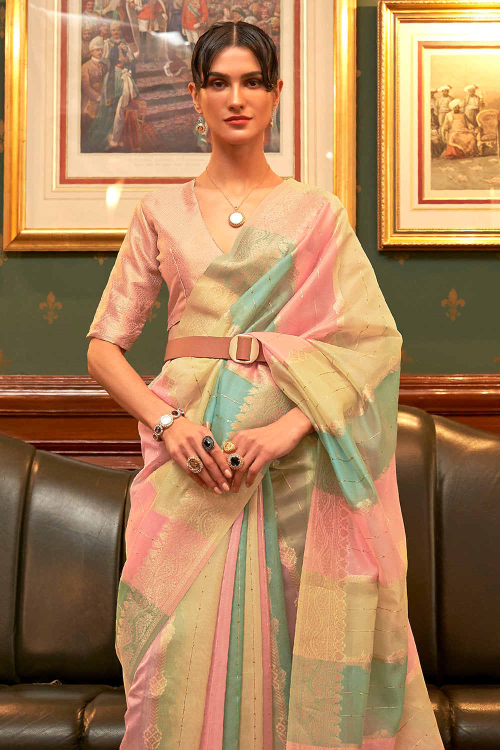 Buy Pink Shade Handpainted Organza Silk Saree online from Beatitude