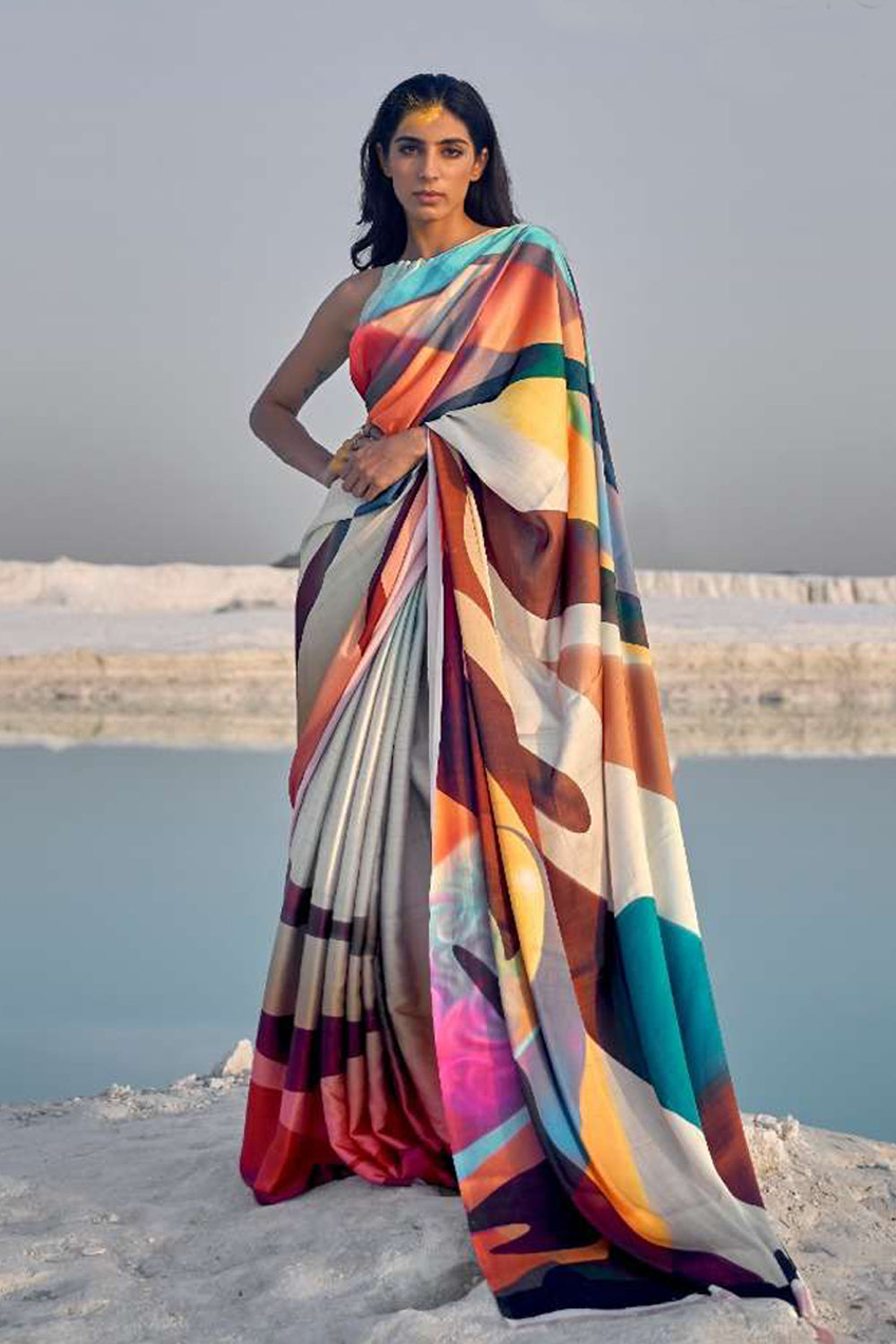 Buy Bollywood Inspired White satin digital print saree in UK, USA and Canada