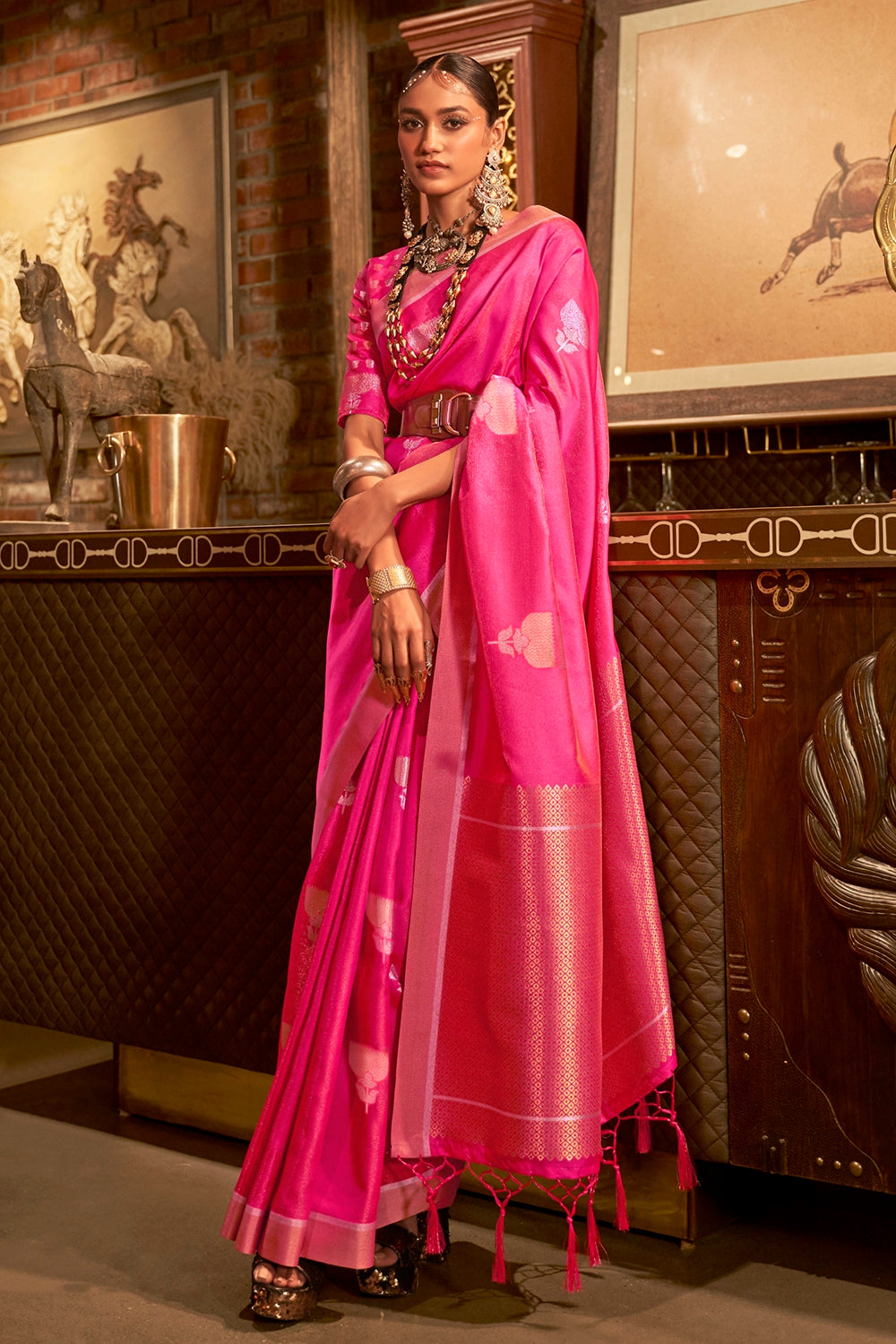 Hot Pink Embroidered Gaji Silk Gharchola | AbirabyBeena