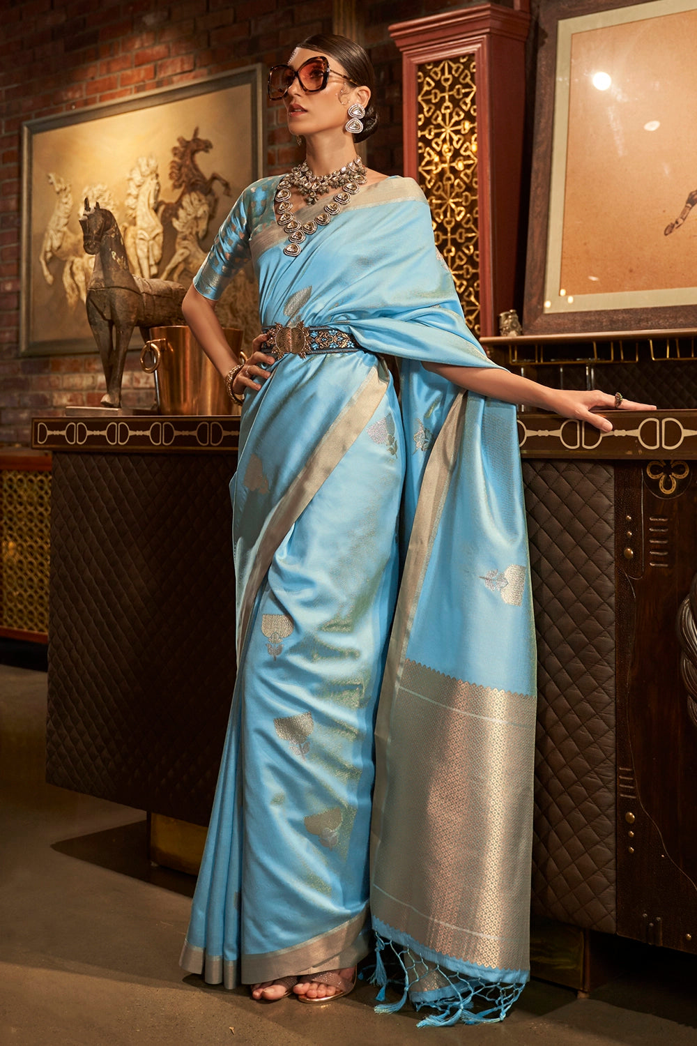 Sky Blue Organza Silk saree with sequins work