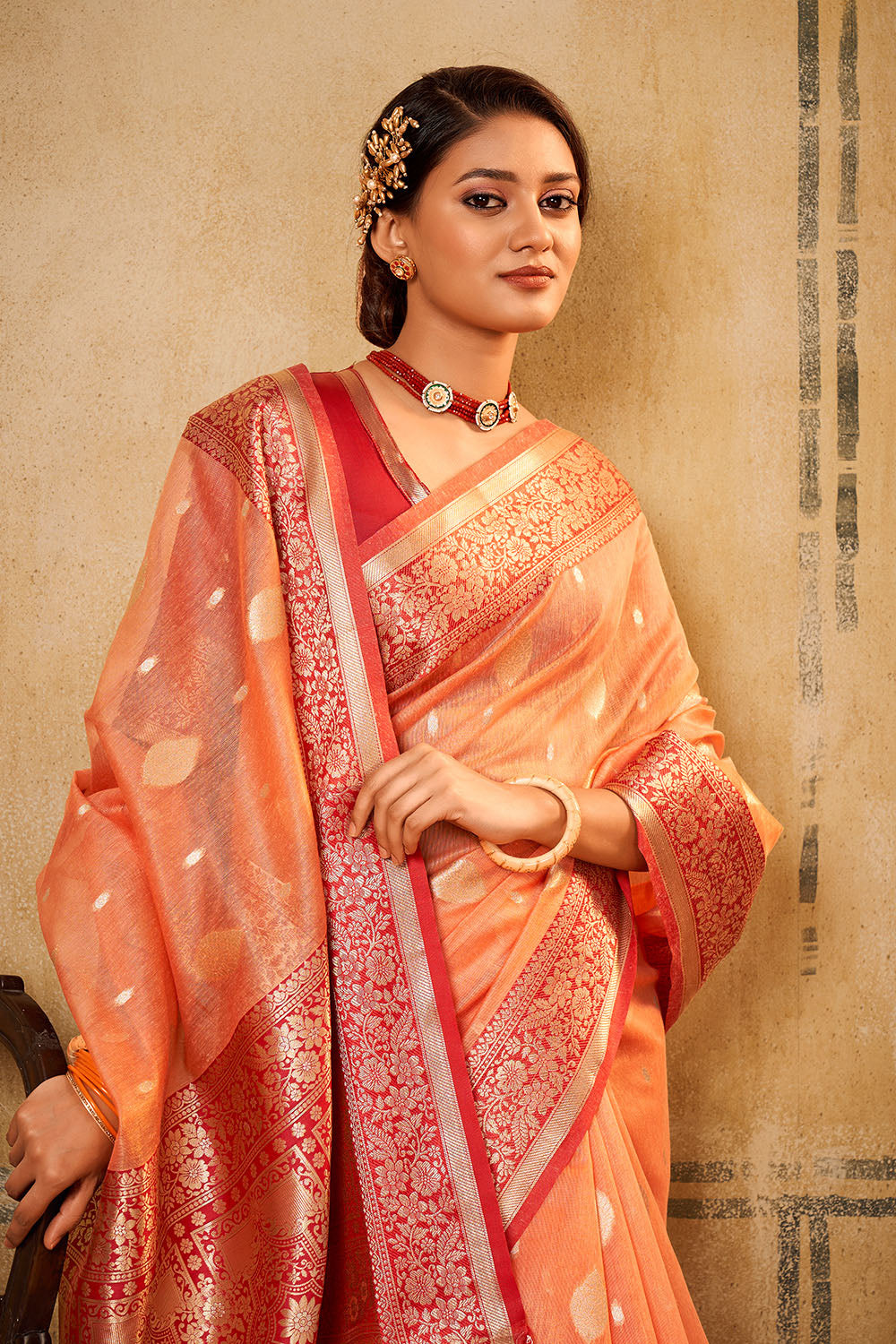 Orange Chanderi Silk Saree - Dhunki fashion