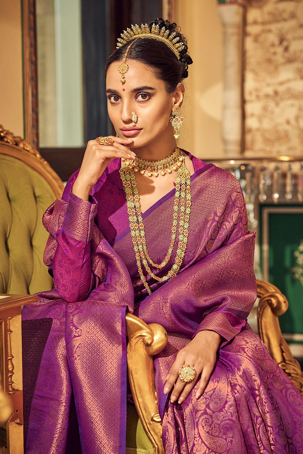 Regal Elegance: Magenta Banarasi Silk Saree with Double Zari Weave – YNF