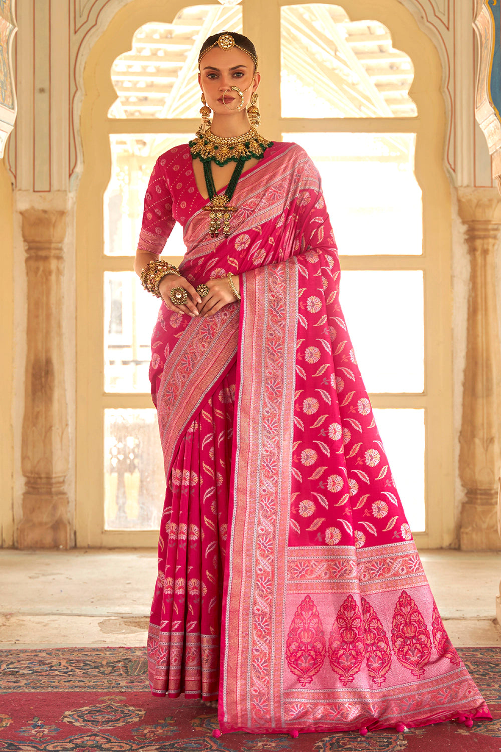 Women's Pink Banarasi Silk Ethnic Motifs Saree GG000102 - www.gograbo.com