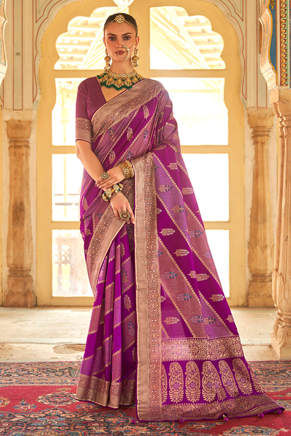 Elegant purple cotton Silk saree with beige embroidery motifs. – Sujatra