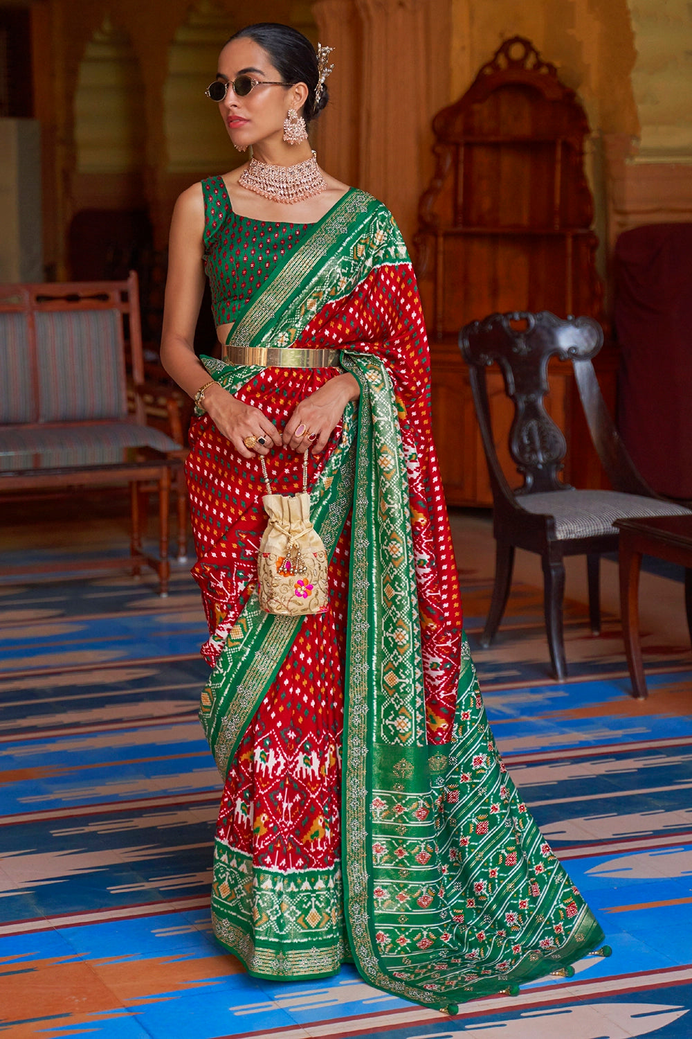 Red and green wedding on sale saree