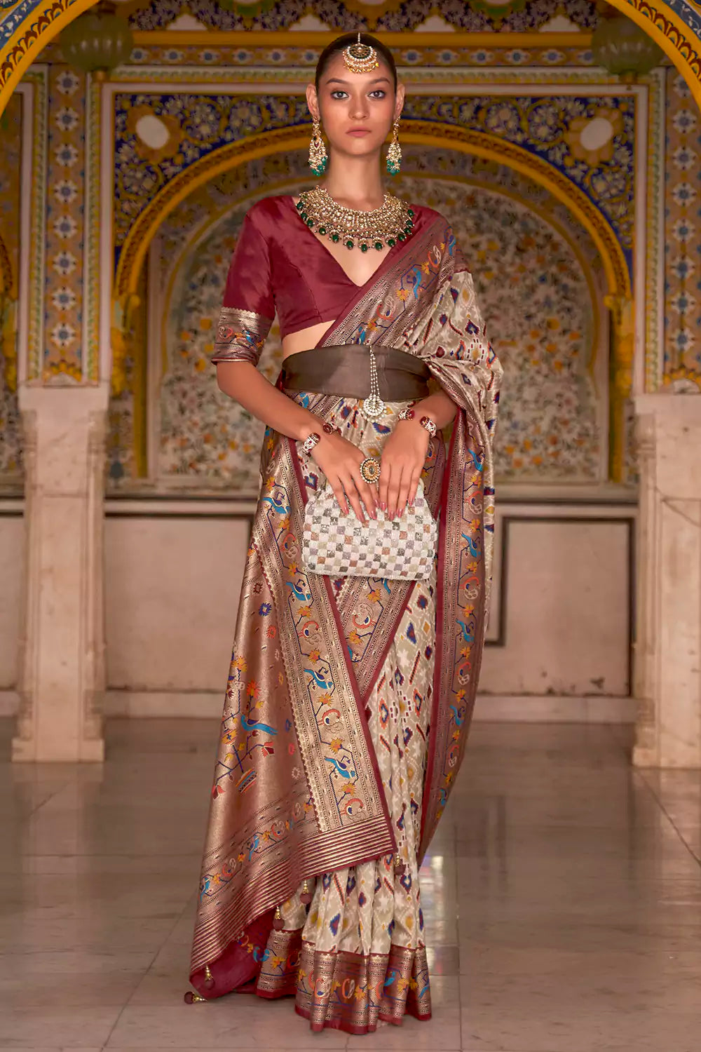 Buy White and maroon viscose pure georgette and velvet wedding wear saree  in UK, USA and Canada