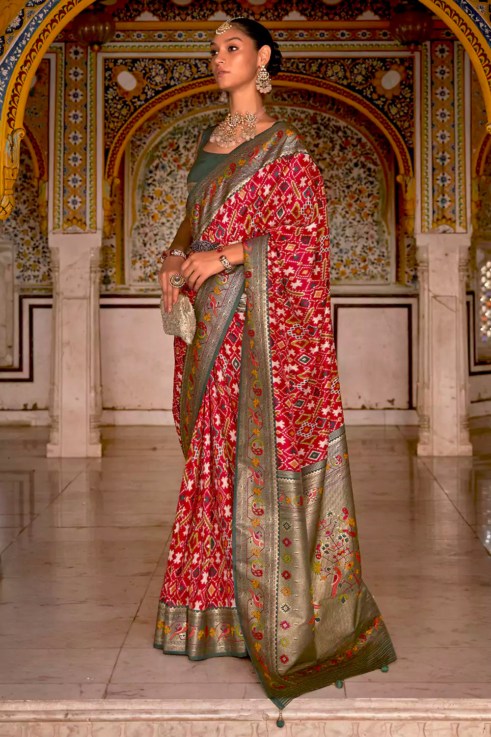 Vishal Prints Cherry Red Georgette Saree With Fancy Work And Border