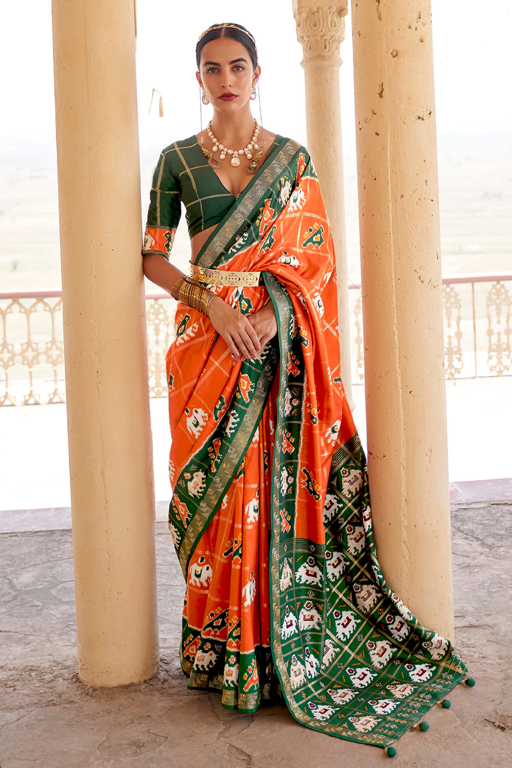 Orange & Green Patola Silk Saree - Urban Womania