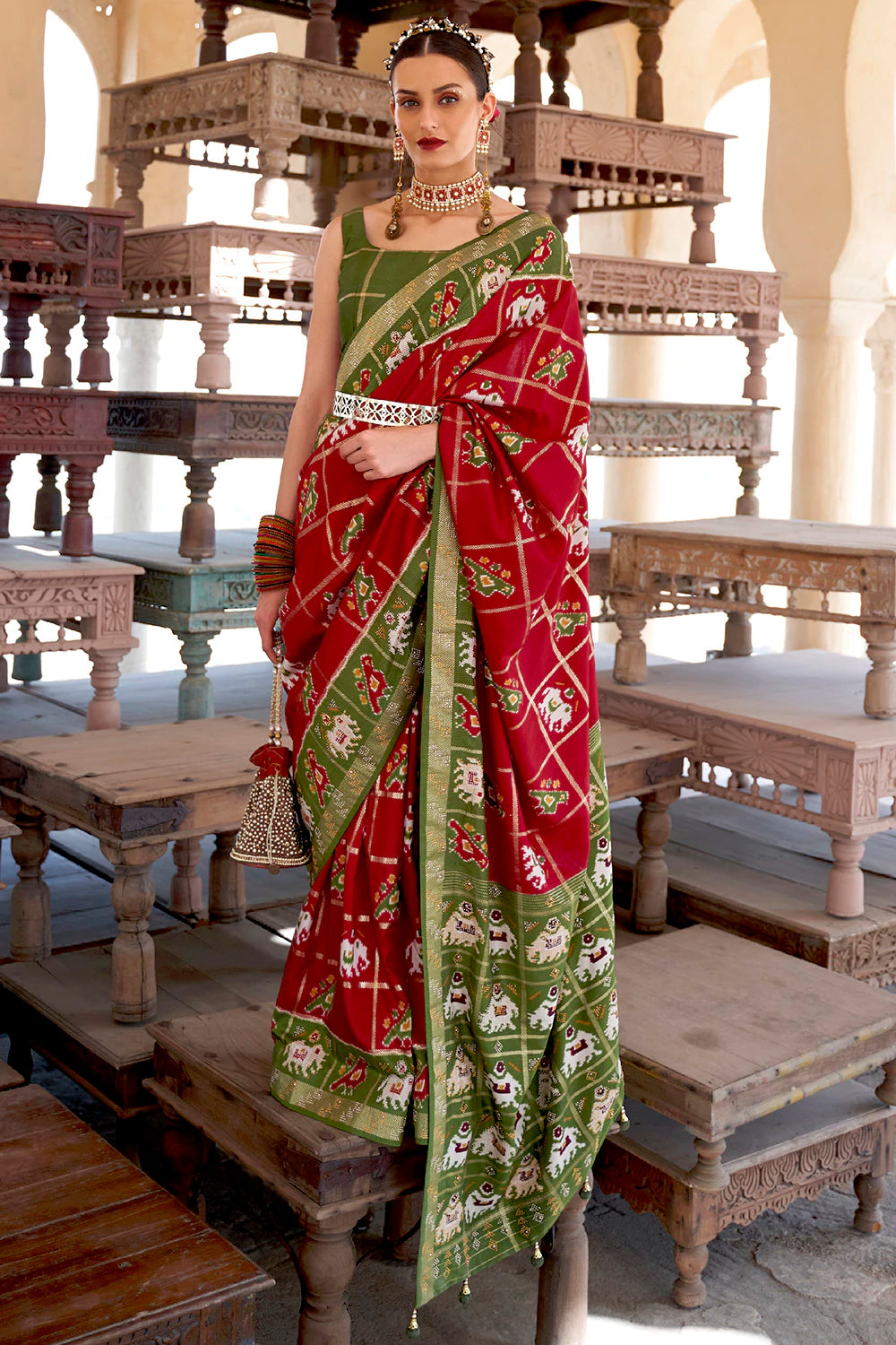 Offwhite Red Silk Patola Saree Bandhej