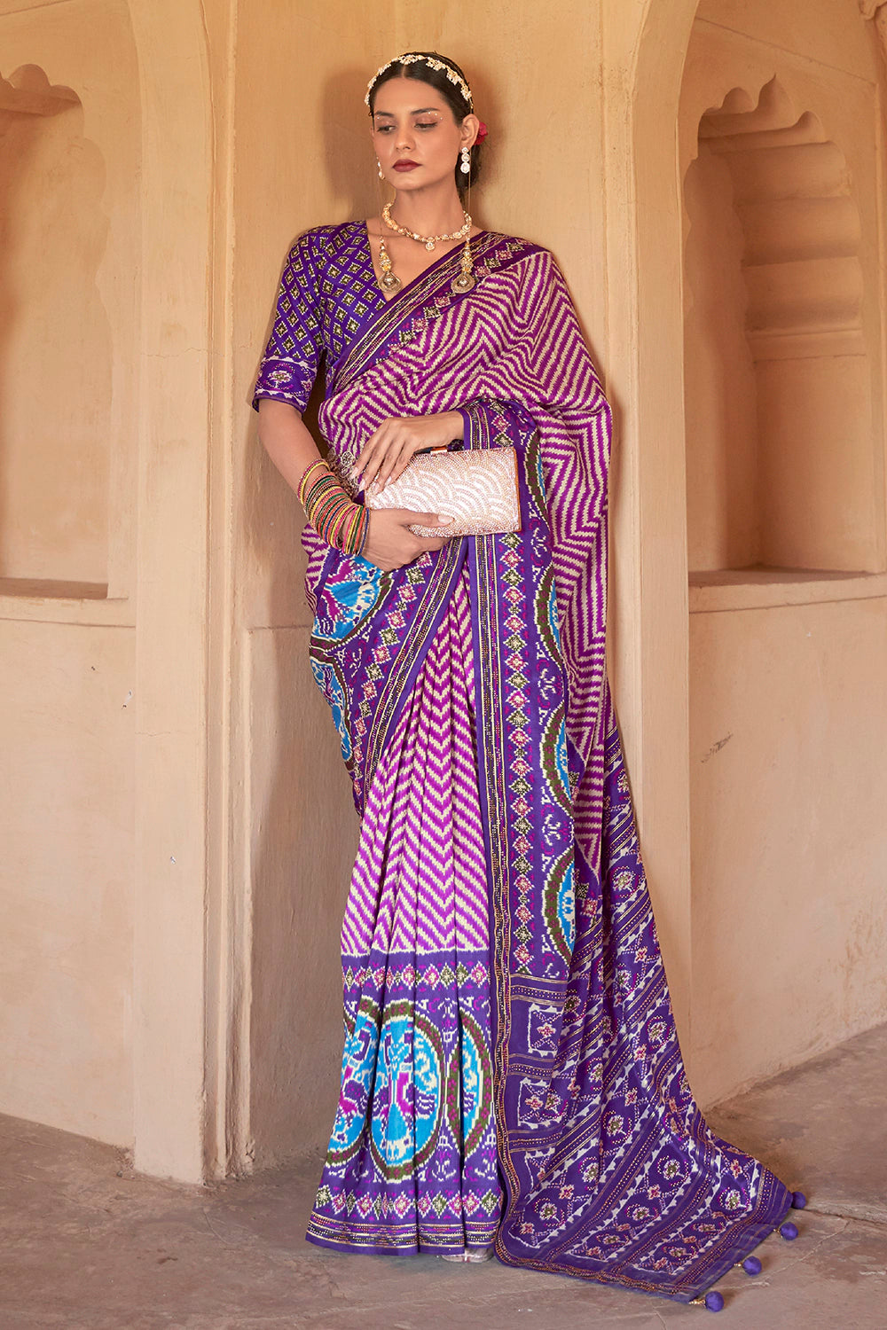 Grape Purple Check Print Banarasi Silk Saree – Ressa