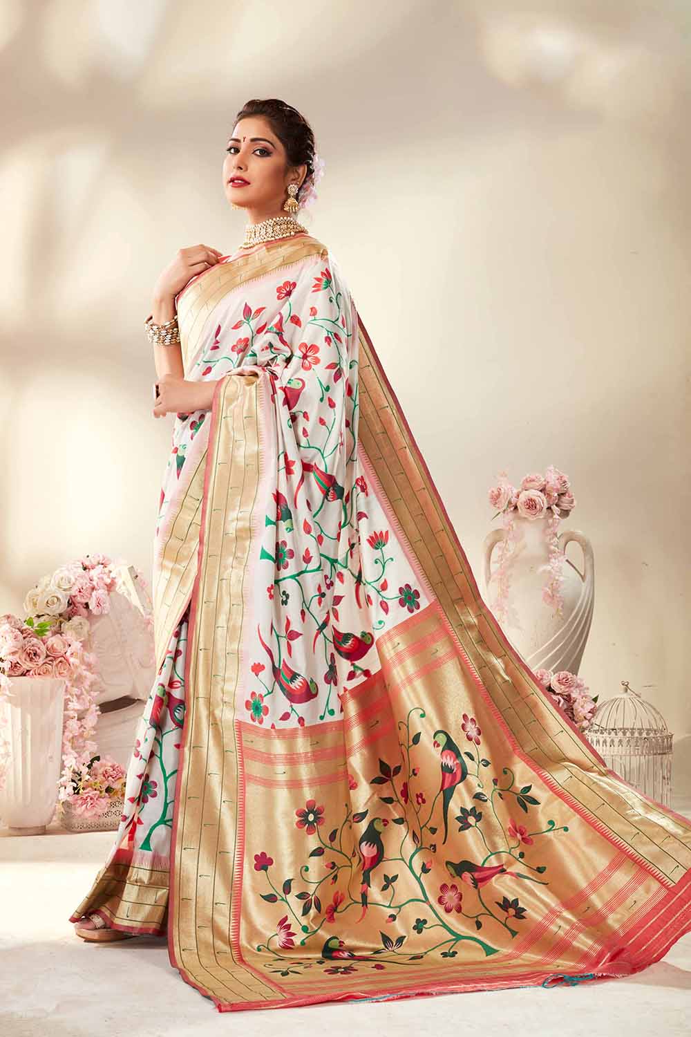 Weaving Work On Paithani Silk Fabric Bewitching Saree In Off White Col