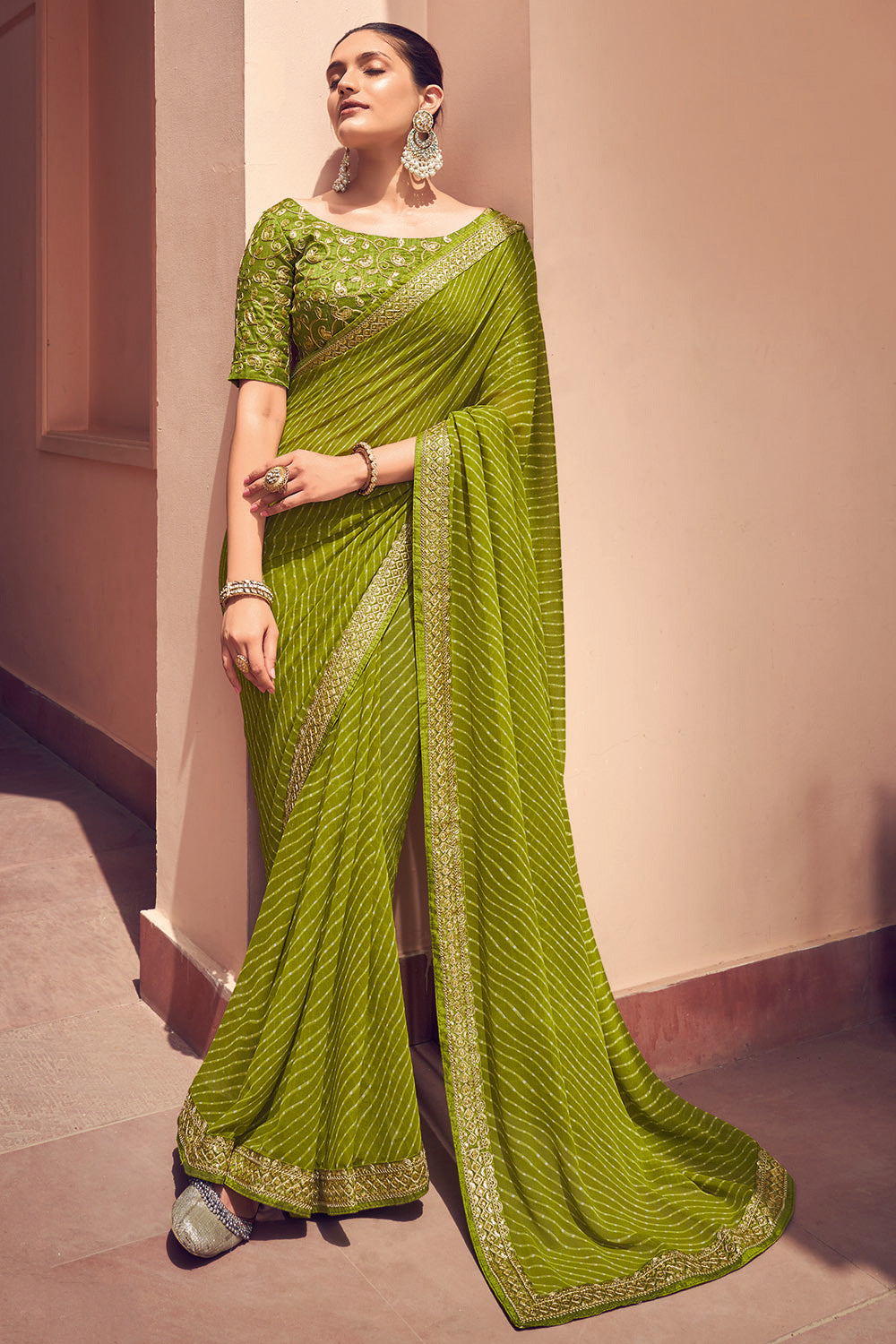 Buy Gorgeous Green Sequins Chinon Festival Wear Saree With Blouse From Zeel  Clothing