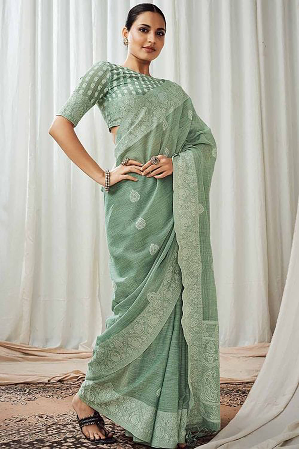 Party wear Plain Light Green Slab Linen Sarees, Machine Made, 6.5 m at Rs  7500 in Bhagalpur